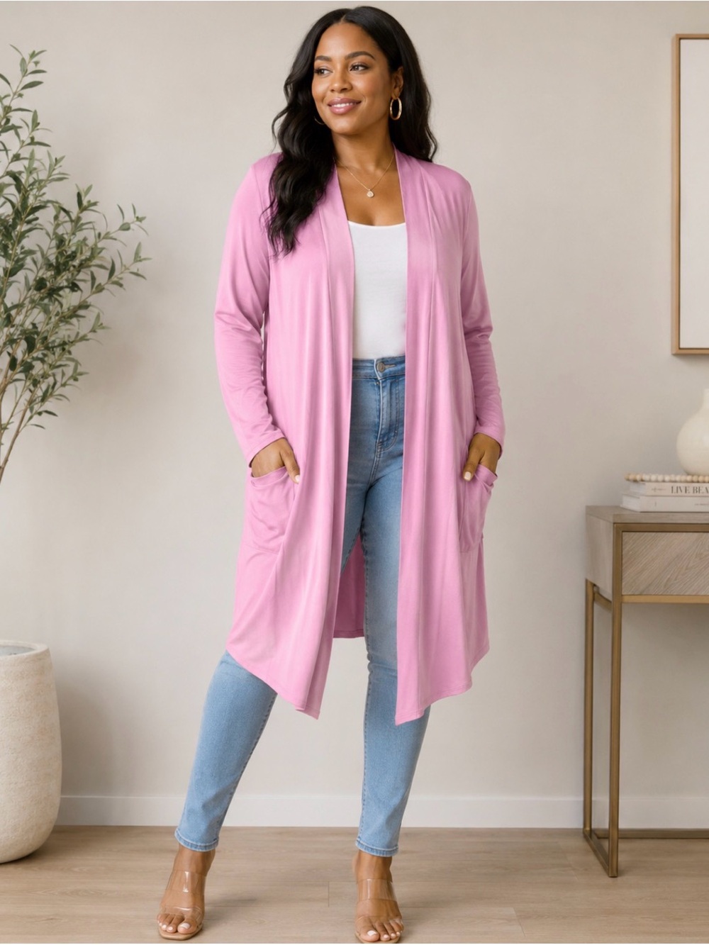 Zenana Light Pink Open-Front Long Cardigan Size Small